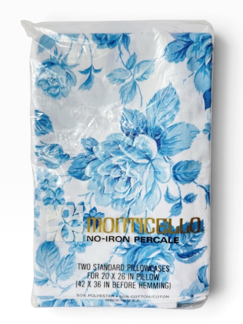 Vintage Cannon Monticello Blue Cabbage Rose Floral Two Standard Pillow Cases Set